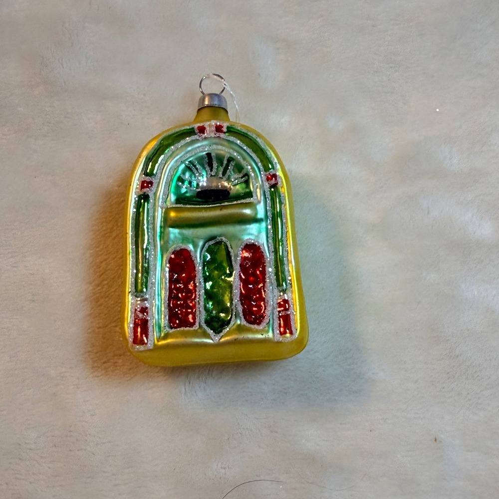 Vintage Glass Jukebox Christmas Ornament Yellow Green Red Glitter Retro Music
